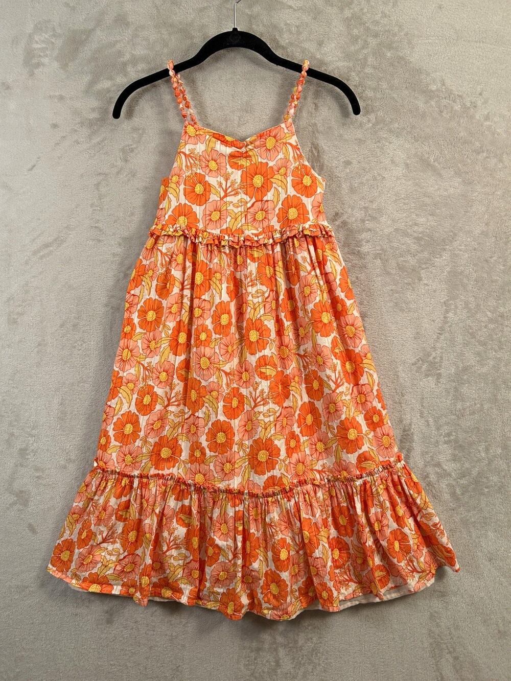 Isaac Mizrahi New York Girls Floral Orange Ruched V-Neck Sundress Ruffle Size 10